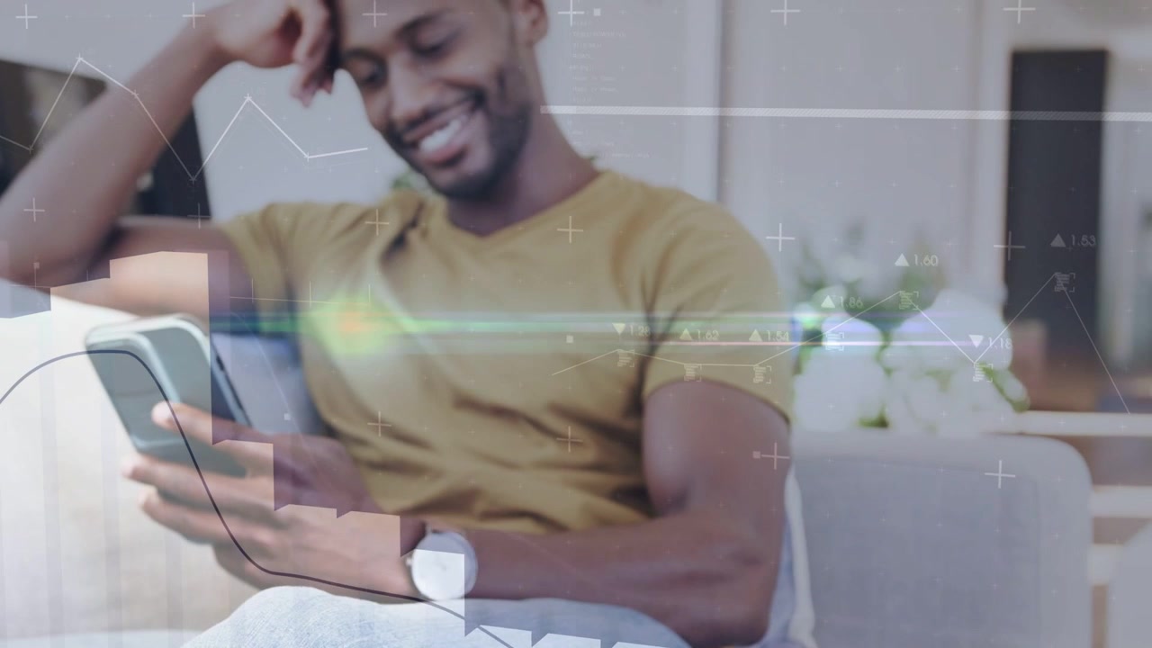Man tapping smartphone, initiating data sync for tech demo, charts and waveforms overlaying phone