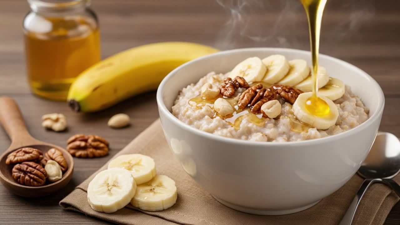 Delicious Breakfast Bowl of Warm Oatmeal with Fresh Bananas, Crunchy Pecans, and Drizzled Honey Perfect for a Nutritious Start to Your Day