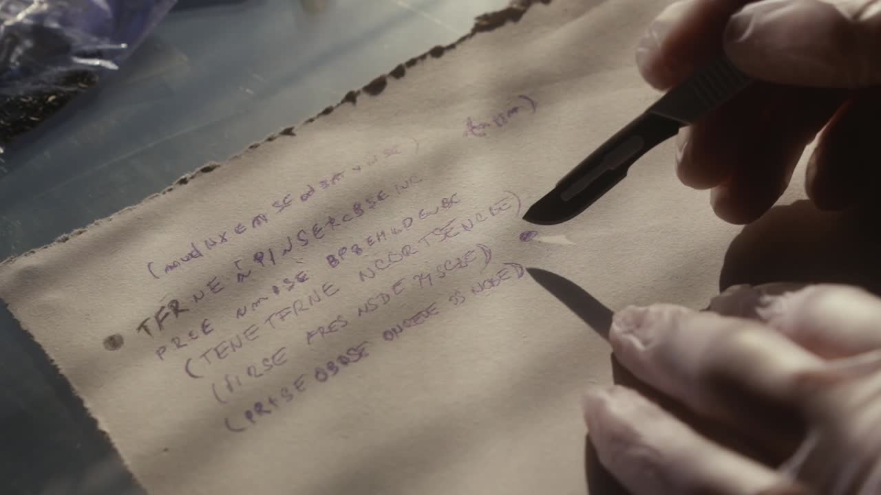 수사관의 손은 스칼펠로 잉크 플을 가져와 시험관에 넣습니다.