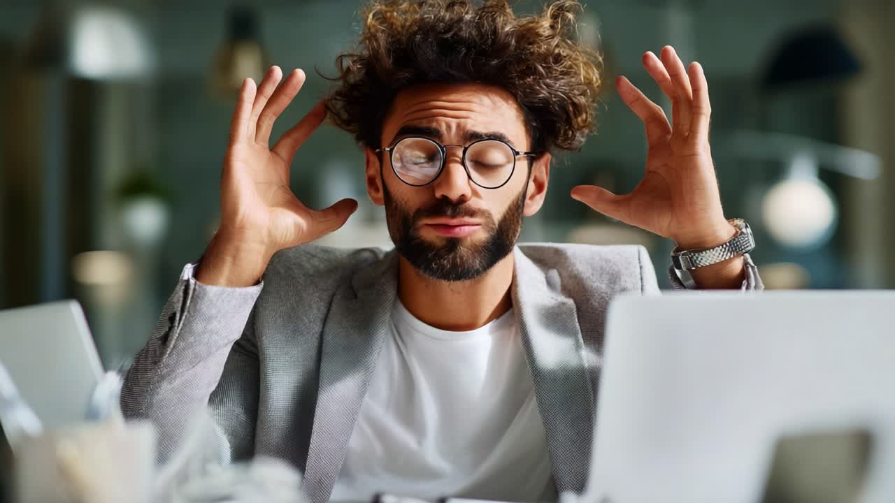 Frustration and Stress: An Individual Struggles with Overwhelm in a Modern Workspace Environment, Highlighting the Challenges of Contemporary Work Life and Emotional Responses