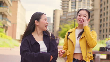 Two-Smiling-Young-Female-Friends-Meet-Talking-As-They-Walk-Outdoors-Along-City-Street-Together