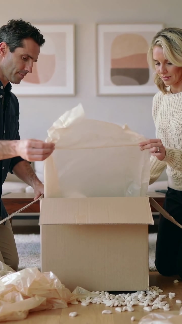 Vertical video: After opening box, man tee and woman sweater lifting film protecting item at home