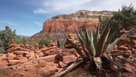 Agavenpflanze-Aus-Dem-Jahrhundert-Mit-Gestapelten-Roten-Steinen-Und-Einem-Wunderschönen-Blick-Auf-Die-Berge-In-Sedona,-Arizona