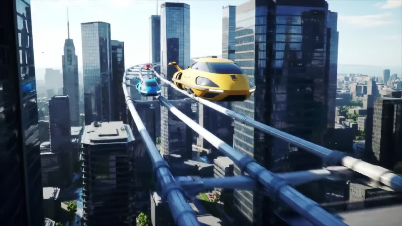 Futuristic Racing in a Vertical City: High-Speed Cars on Elevated Tracks Among Skyscrapers in a Modern Urban Landscape