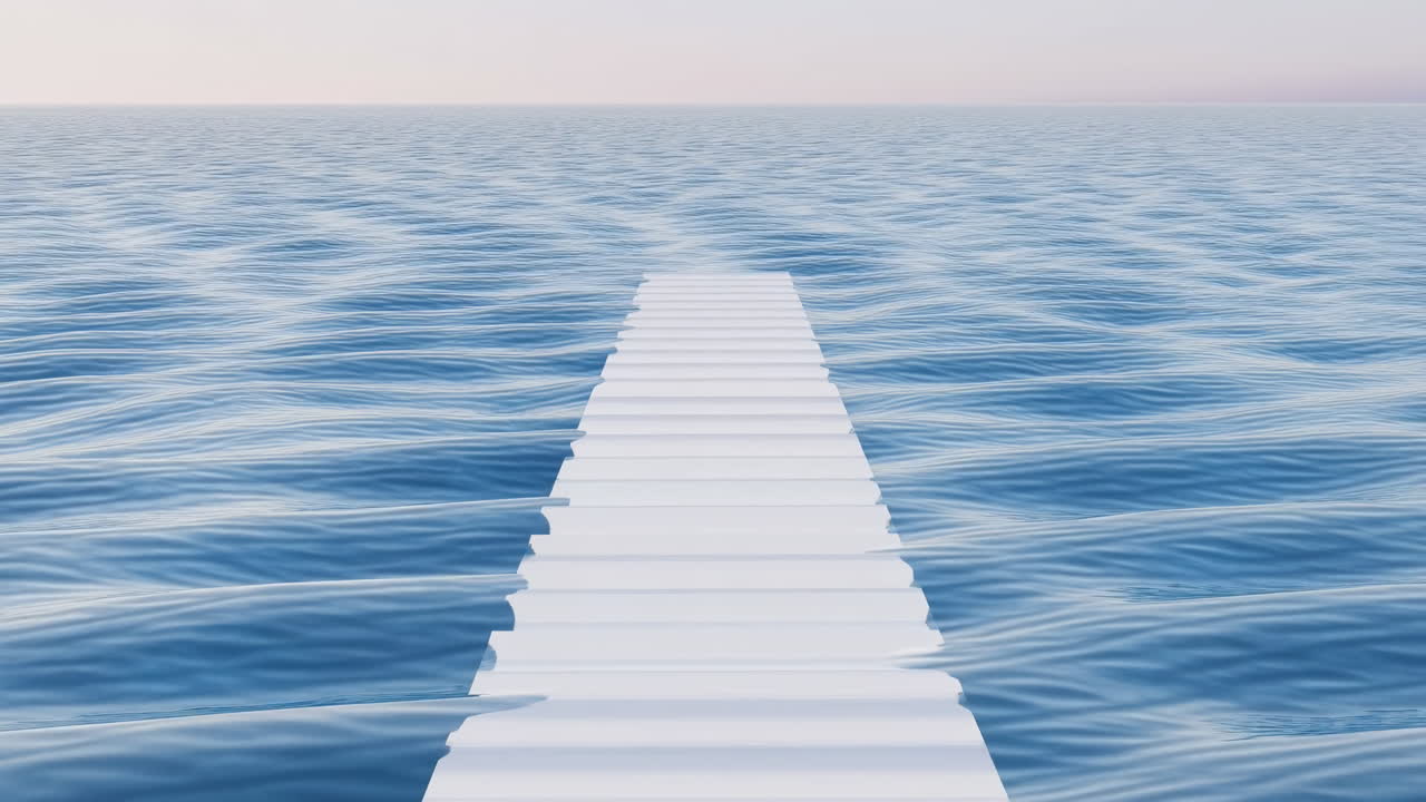 White Pier Stretching Into Calm Ocean, Pastel Sunrise Light, Gentle Waves Lapping Along Symmetrical Walkway