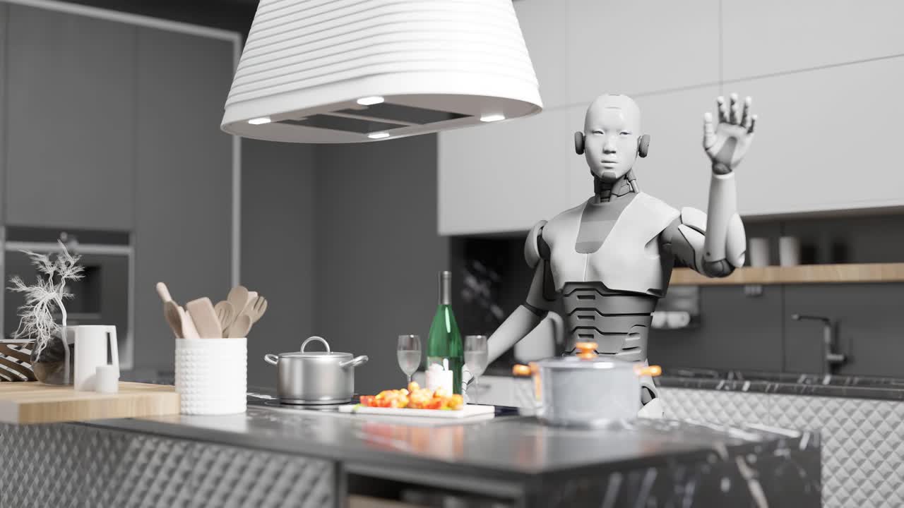 robot humanoide futurista cybercocking dentro de una casa cocina moderna inteligencia artificial animación 3d renderización de la clase trabajadora futurista trabajo de ama de casa