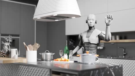 Futuristischer-Roboter,-Humanoider-Cyber-Cocktail-In-Einem-Haus,-Moderne-Küche,-Künstliche-Intelligenz,-3D-Animation,-Die-Futuristische-Hausfrauenarbeit-Der-Arbeiterklasse-Darstellt