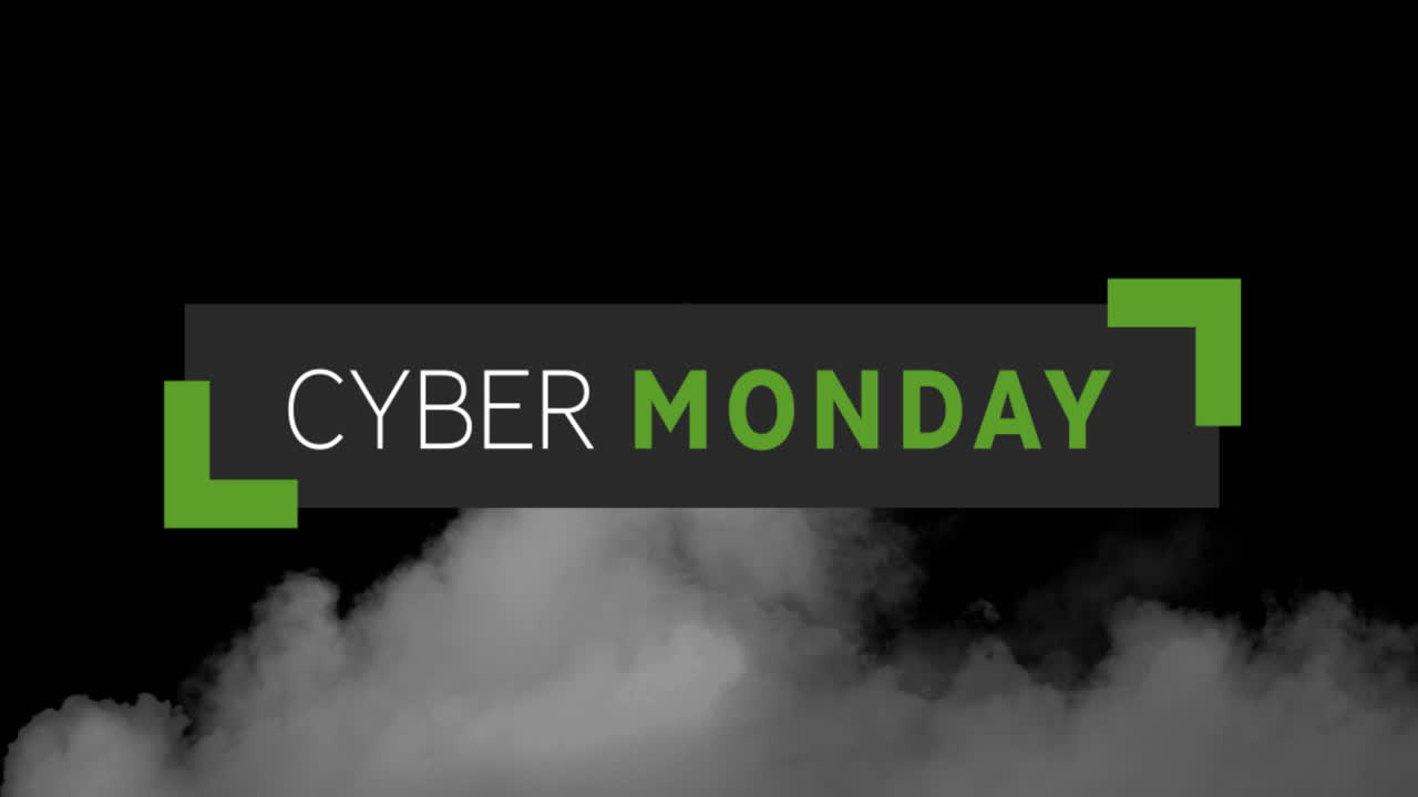 animación digital del banner de texto de cyber monday contra el efecto de humo en fondo negro