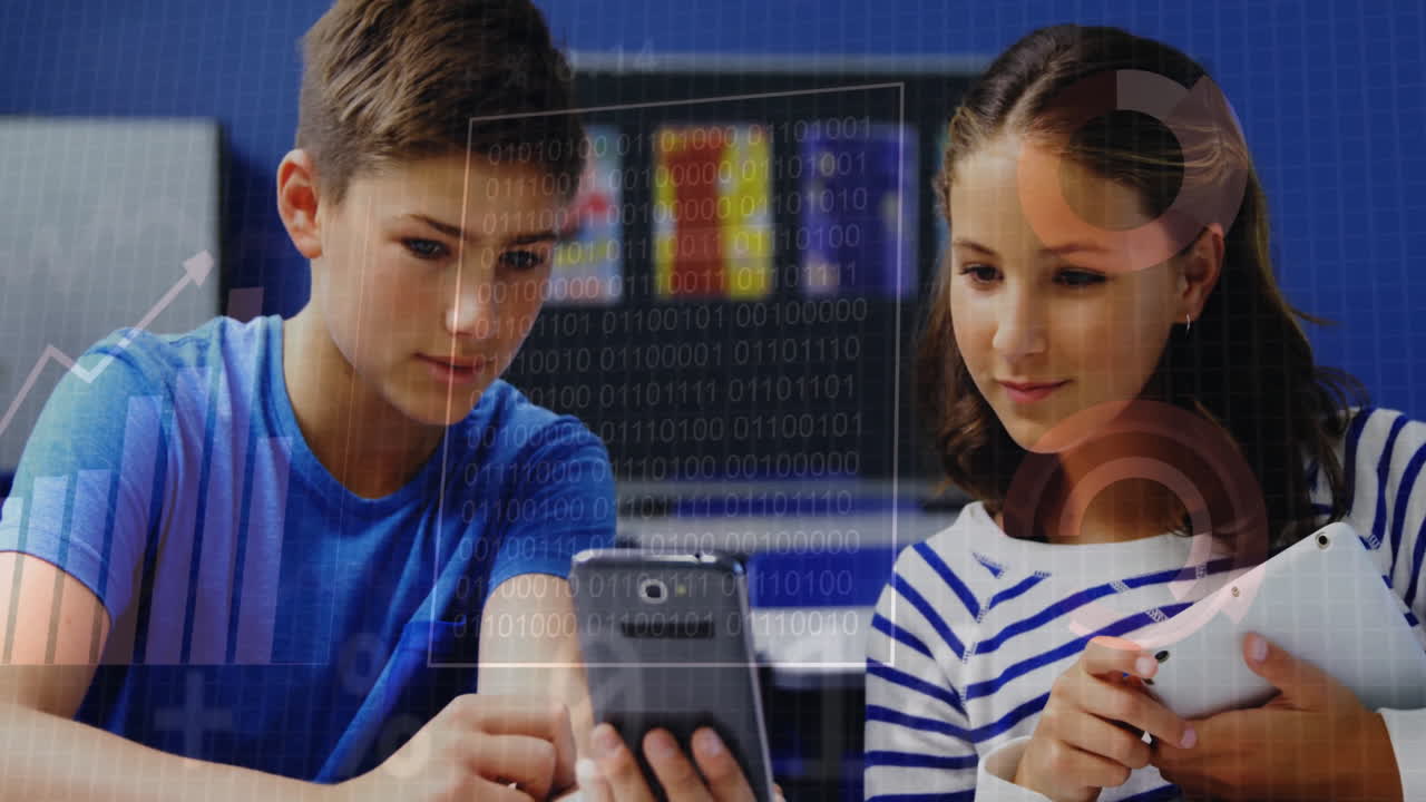 en la escuela, los niños que usan teléfonos inteligentes con código binario y animación de procesamiento de datos