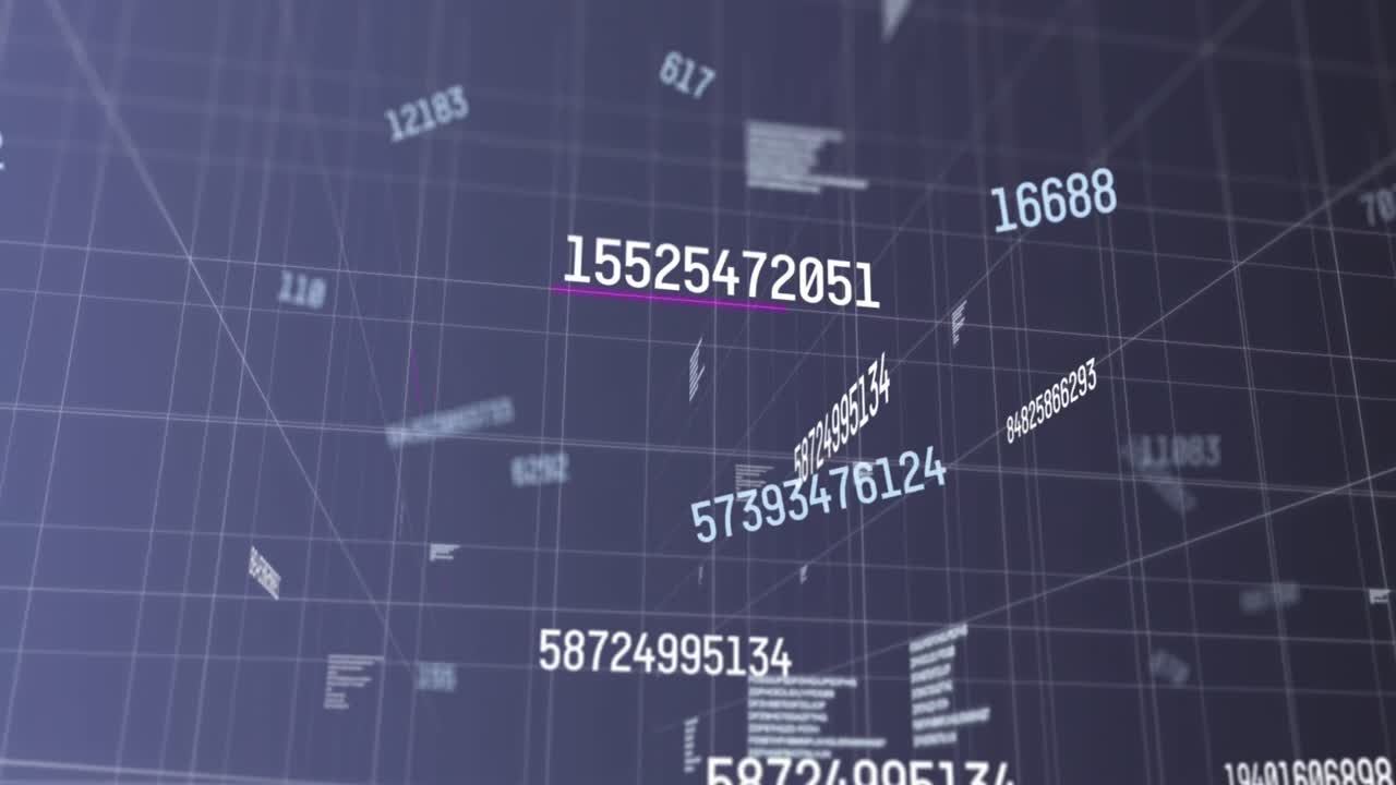 Digital animation of multiple changing numbers on grid network against blue background