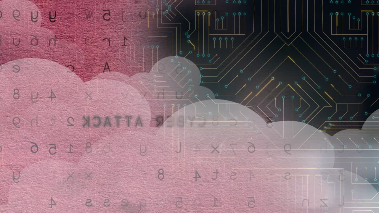 Animation of clouds and water drops over data processing and computer circuit board