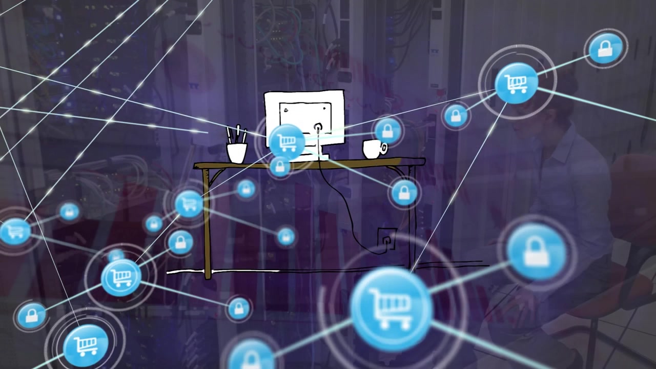 4k video of digital financial graphs and a woman checking server wires.
