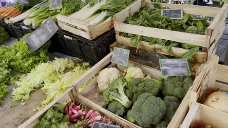 Marktstand-Mit-Frischem-Gemüse-In-Verschiedenen-Kisten-Auf-Einem-Markt-In-Frankreich-Bei-Sonnigem-Sonnenschein