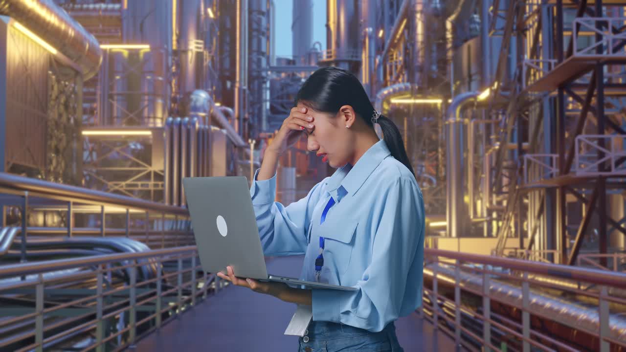 Side View Of An Asian Female Professional Worker Use Laptop At A Vast Oil Refinery,  She Is Nodding Her Shead With Dissapionted