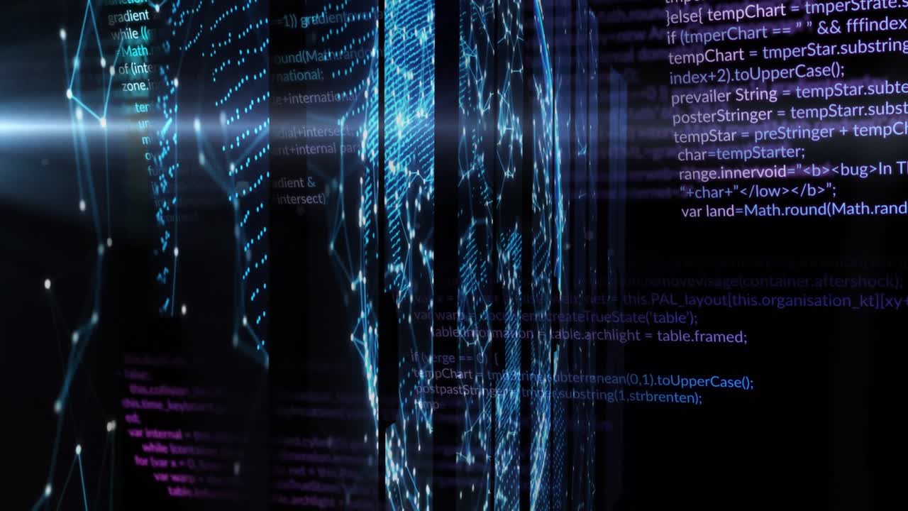 Animation of data processing and shapes on black background