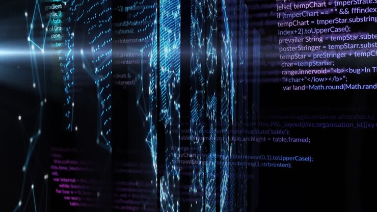 Animation of data processing and shapes on black background