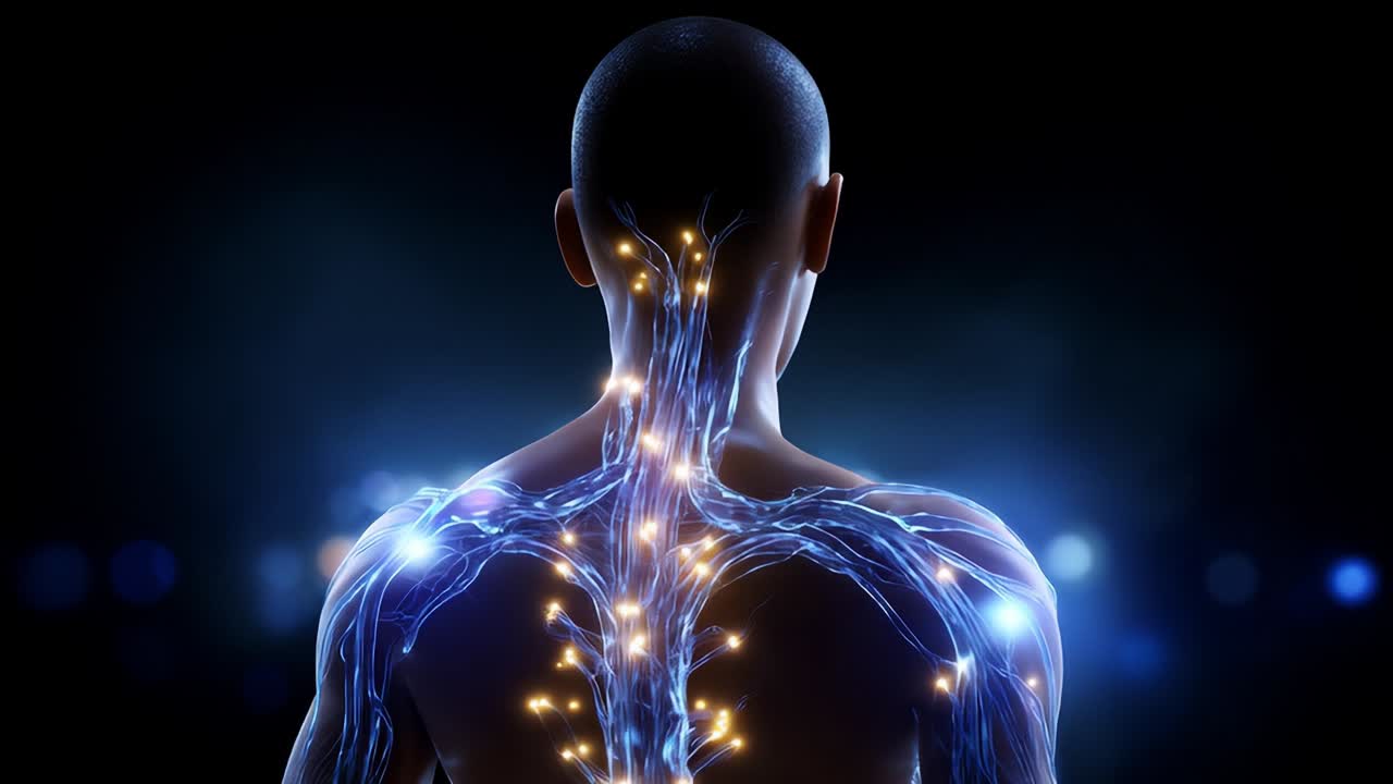Illuminated Nervous System Visualization Enhancing Anatomy Understanding Through Artistic Representation of Synaptic Connections in a Dark Environment, Showcasing Neurotransmission Processes and Biophysical Details