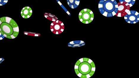 4k poker chips falling in slow motion black studio loop background 4k 3d alpha green screen loop animation.
