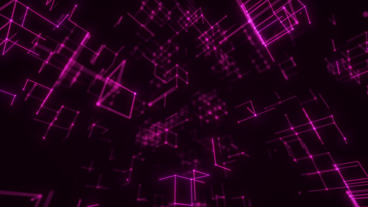 Violet Neon Cubes in a Dense Digital Wireframe Network. Looped 3D rendering