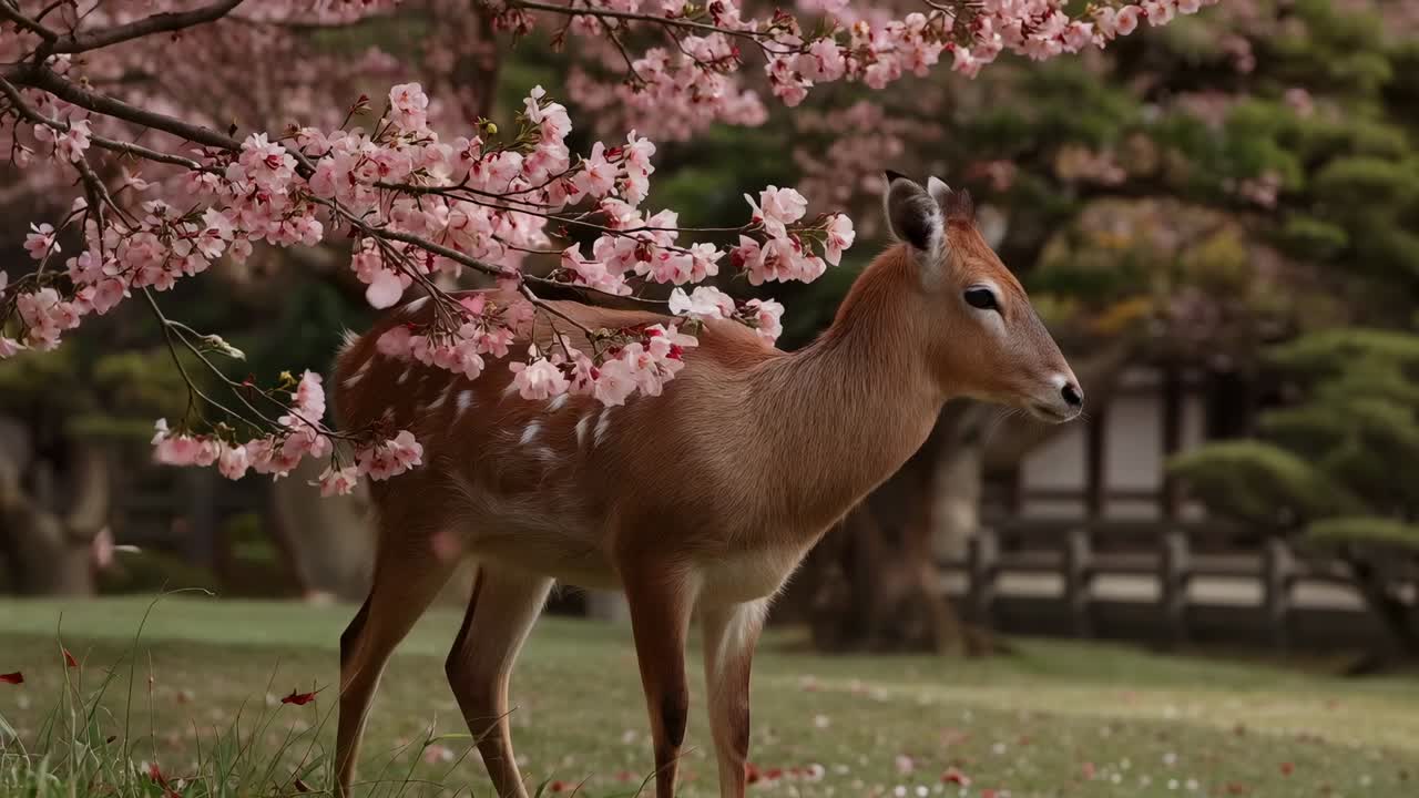Den Duft von Blüten wahrnehmen, der ein getupftes Rehkitz dazu bringt, den Kopf zu heben, an der Kirschblüte zu schnuppern und im Garten zu grasen