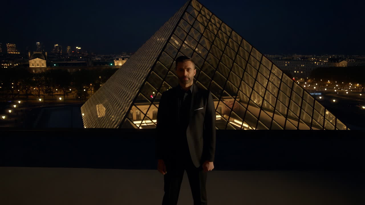 Man in Suit Posing in Front of the Louvre Pyramid at Night