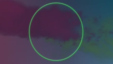 animación de un círculo de neón sobre un polvo de colores en movimiento sobre un fondo azul