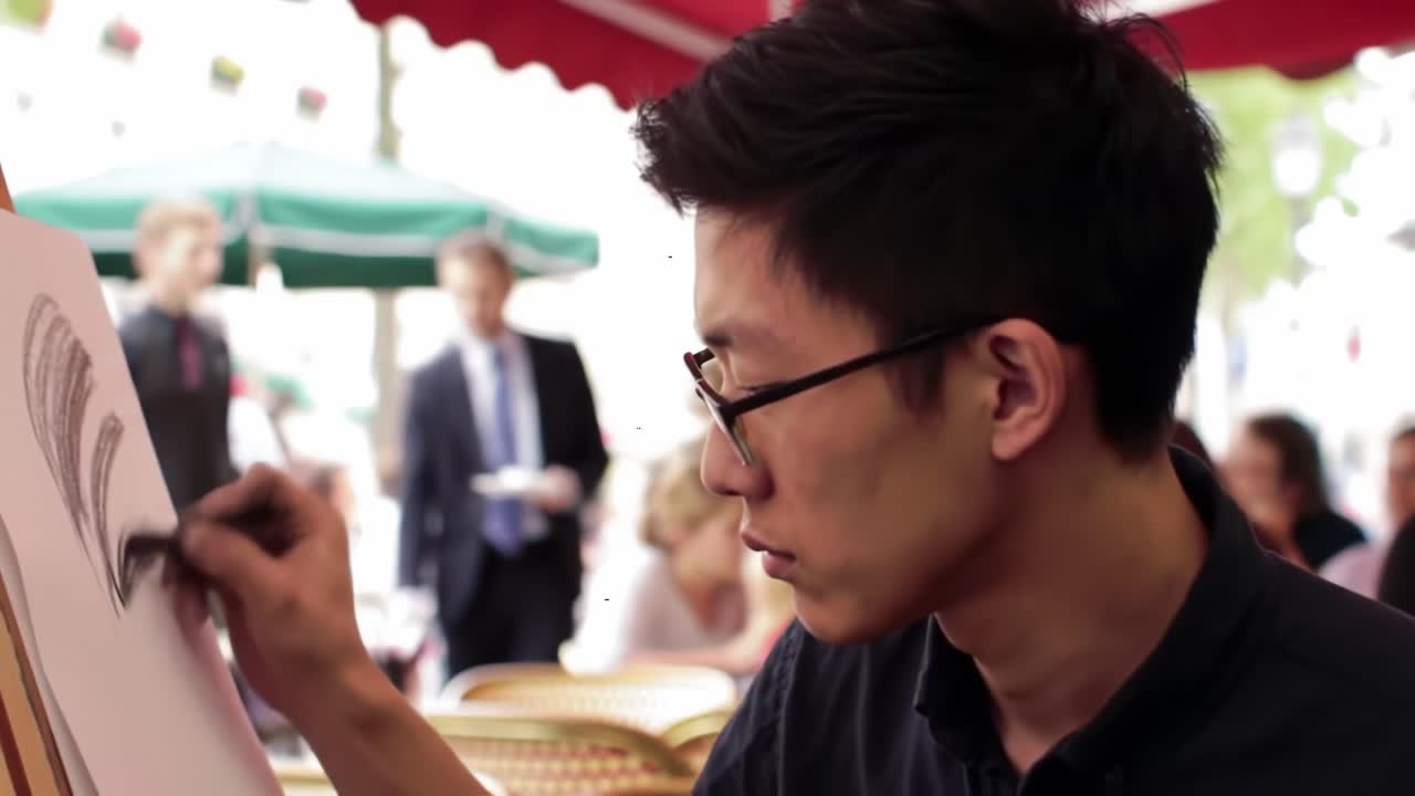 Street Artist Drawing in a Cafe