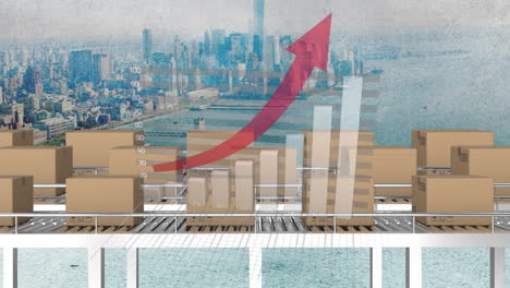 animation of statistics processing over cardboard boxes on conveyor belts