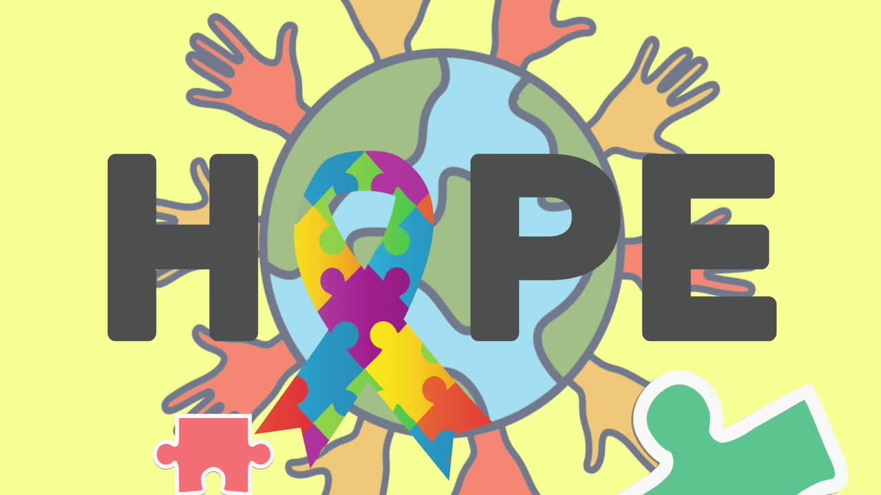 Animation of hope text over puzzles forming ribbon and globe with hands