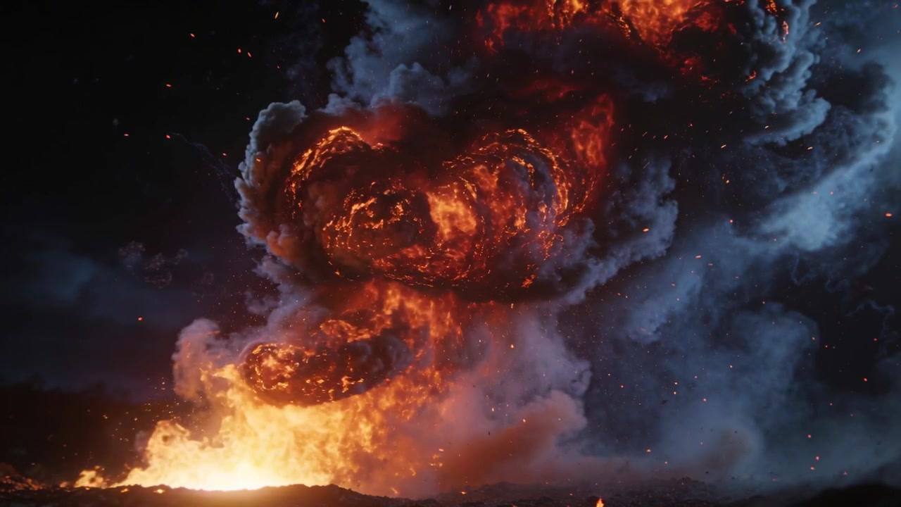 Erupting ground fire sending fire-and-smoke plume over barren terrain at night, with glowing rings