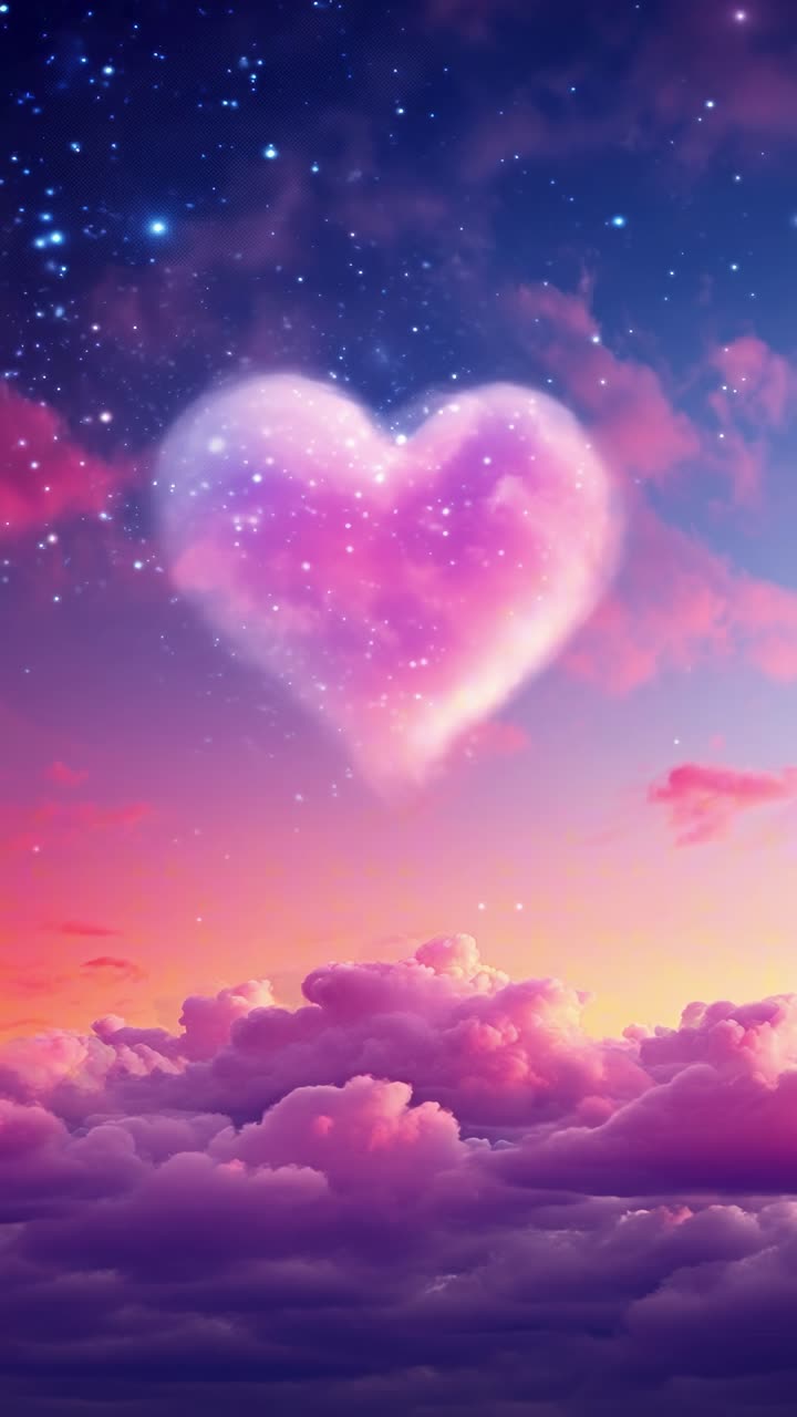 A dreamy, surreal video scene with a heart-shaped cloud in a colorful sunset sky