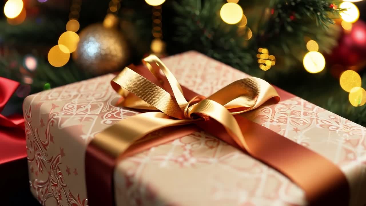 Primo piano di un regalo di Natale incartato con un nastro dorato