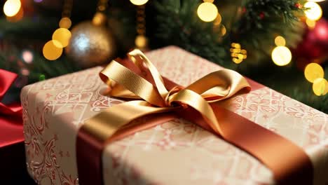 close-up of a wrapped christmas present with a gold ribbon