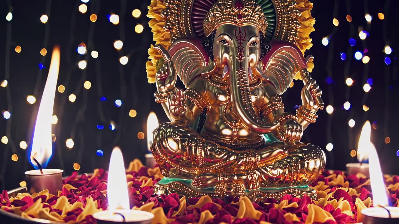 A low-angle video shot of a Ganesha statue surrounded by candles and petals, with bokeh lights