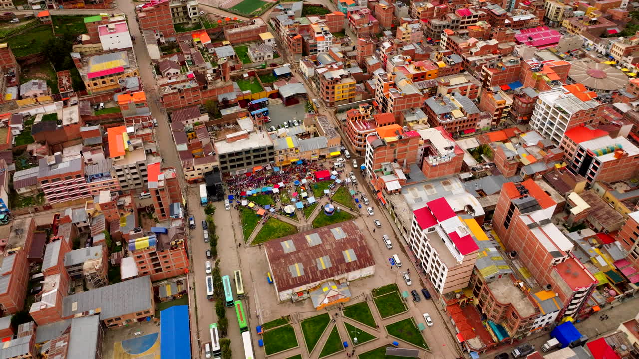 Aerial over Copacabana city in Bolivia during traditional Carnival celebrations