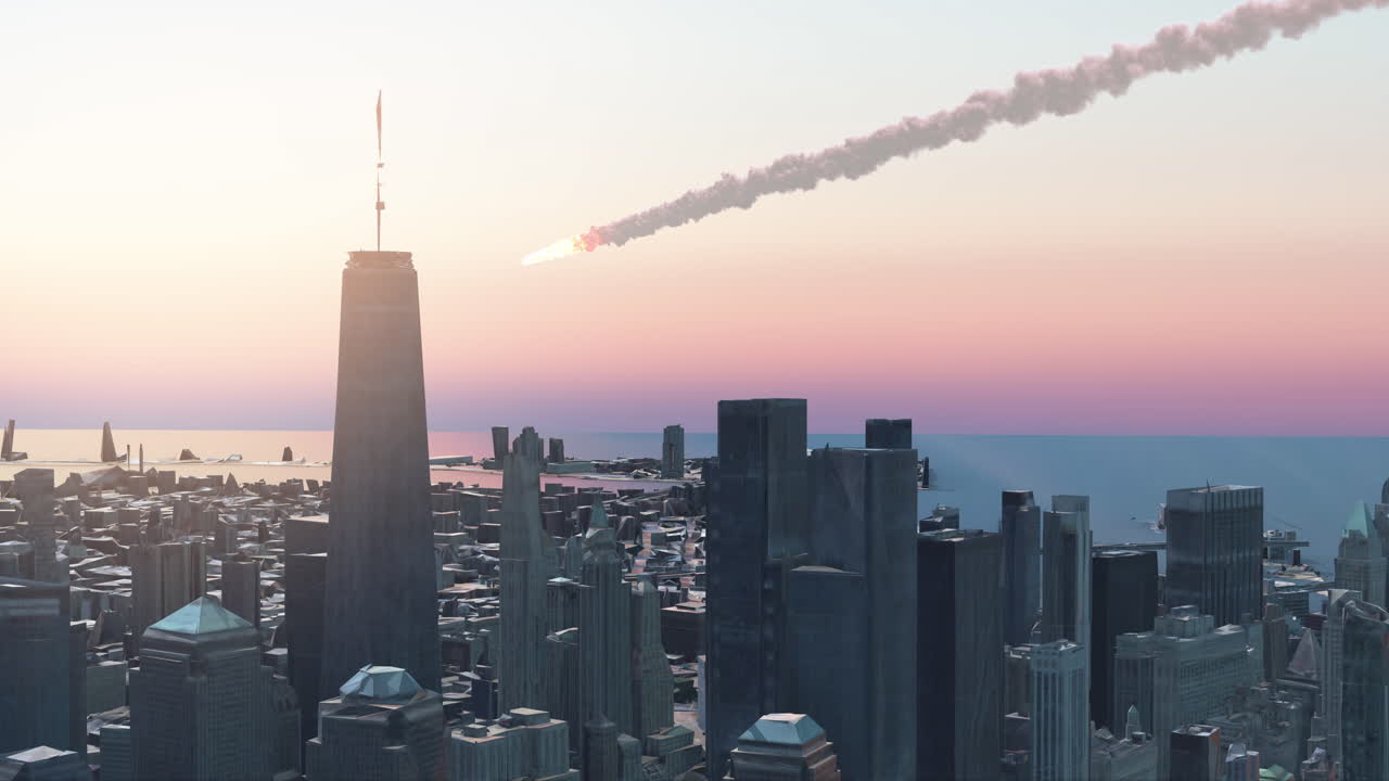 Meteorite Streaking Over a City Skyline at Sunset