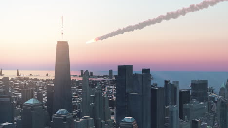 meteorite streaking over a city skyline at sunset
