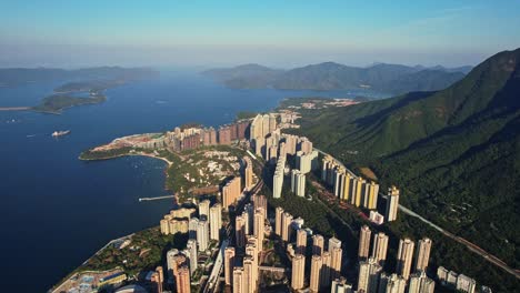 Wonderful-skyline-of-high-skyscrapers-and-downtown-district-in-Ma-On-Sha,-Hongkong