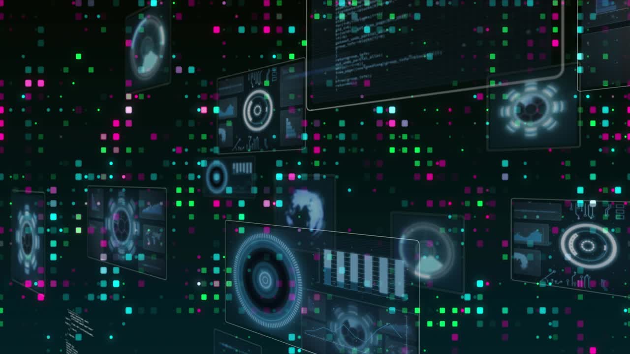 Faint circles emerging right starting clear panels sliding, rotating, scaling to show 3D pixel grid