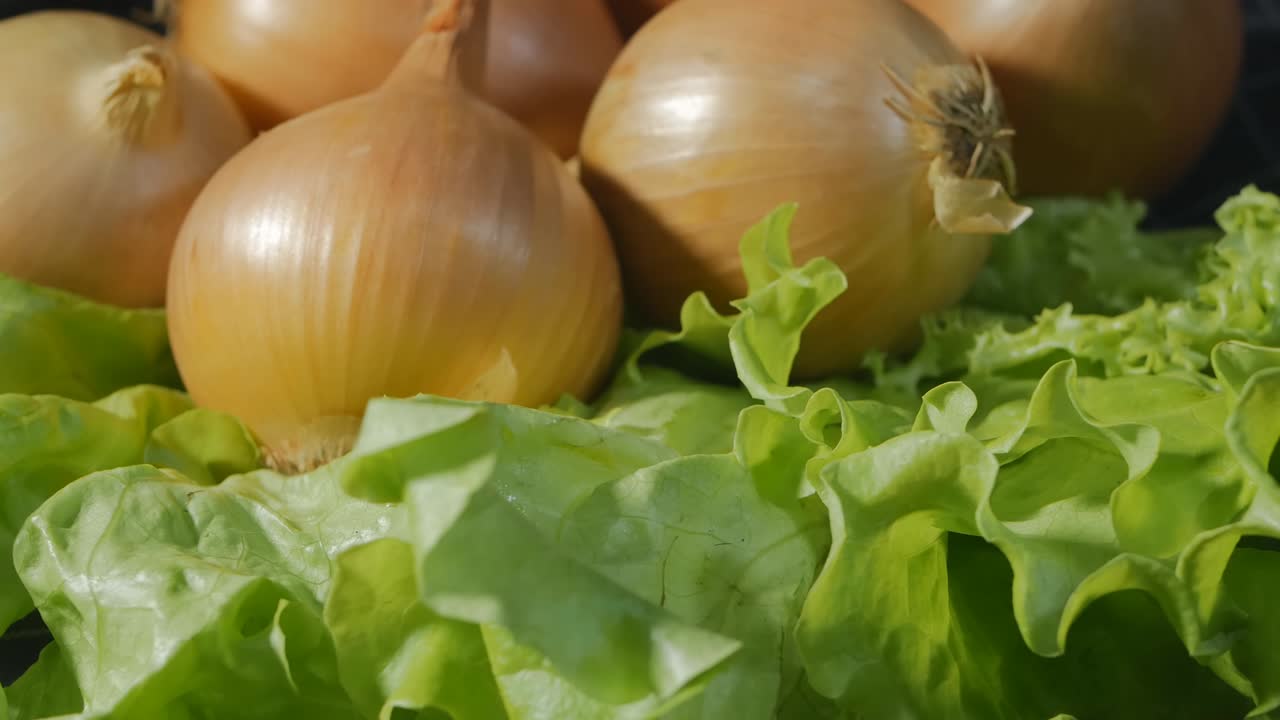 hojas de lechuga verde y cabezas de cebolla girando cíclicamente. primer plano. verduras para la cocina vegetariana