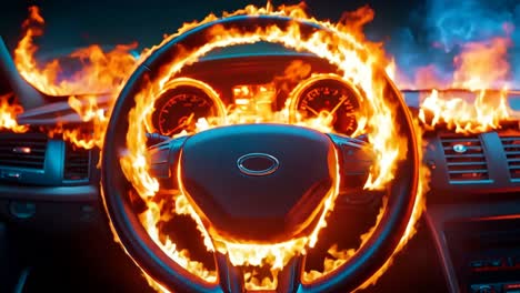 a car dashboard with a steering wheel covered in flames