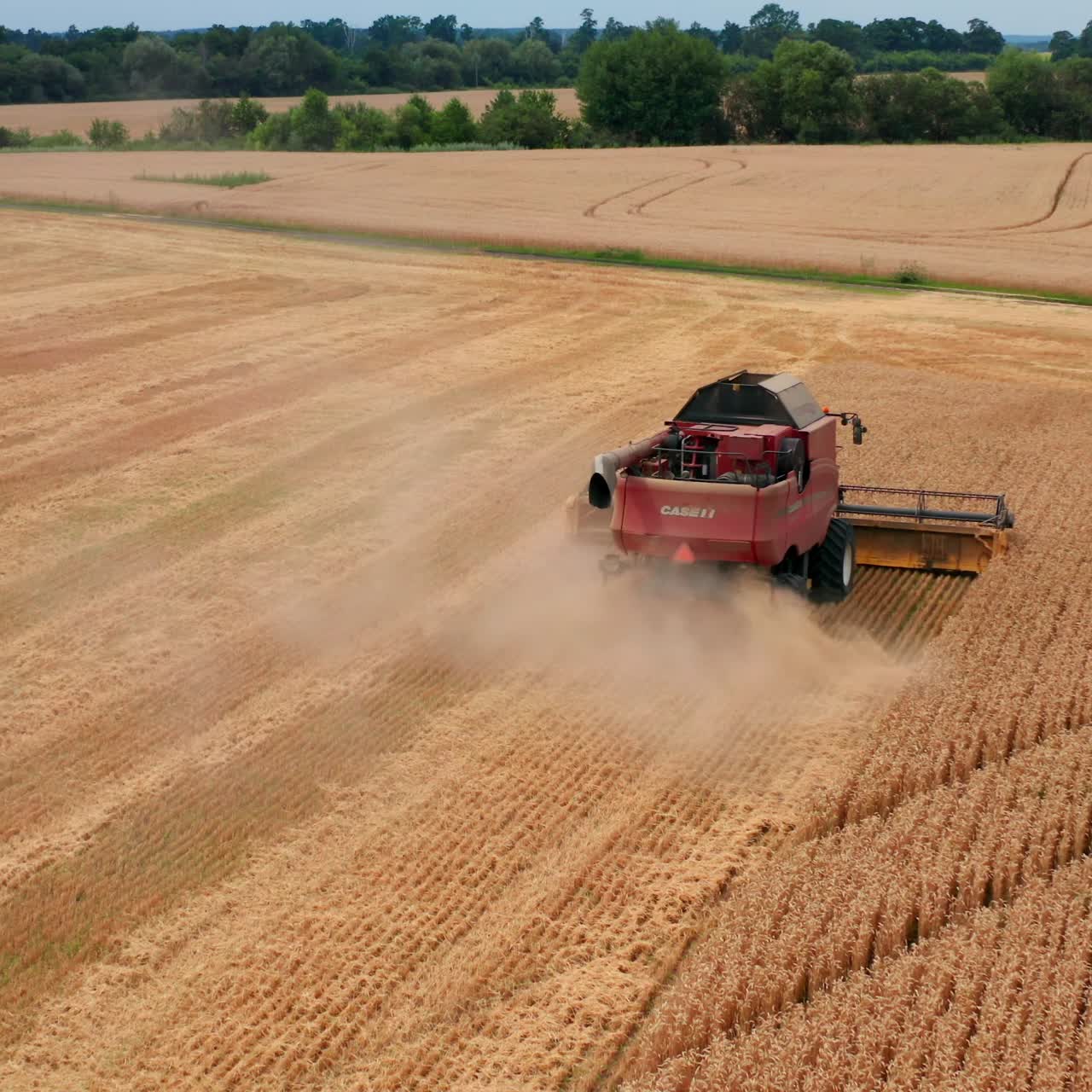 Industrial machinery gathering. Aerial view countryside farmland