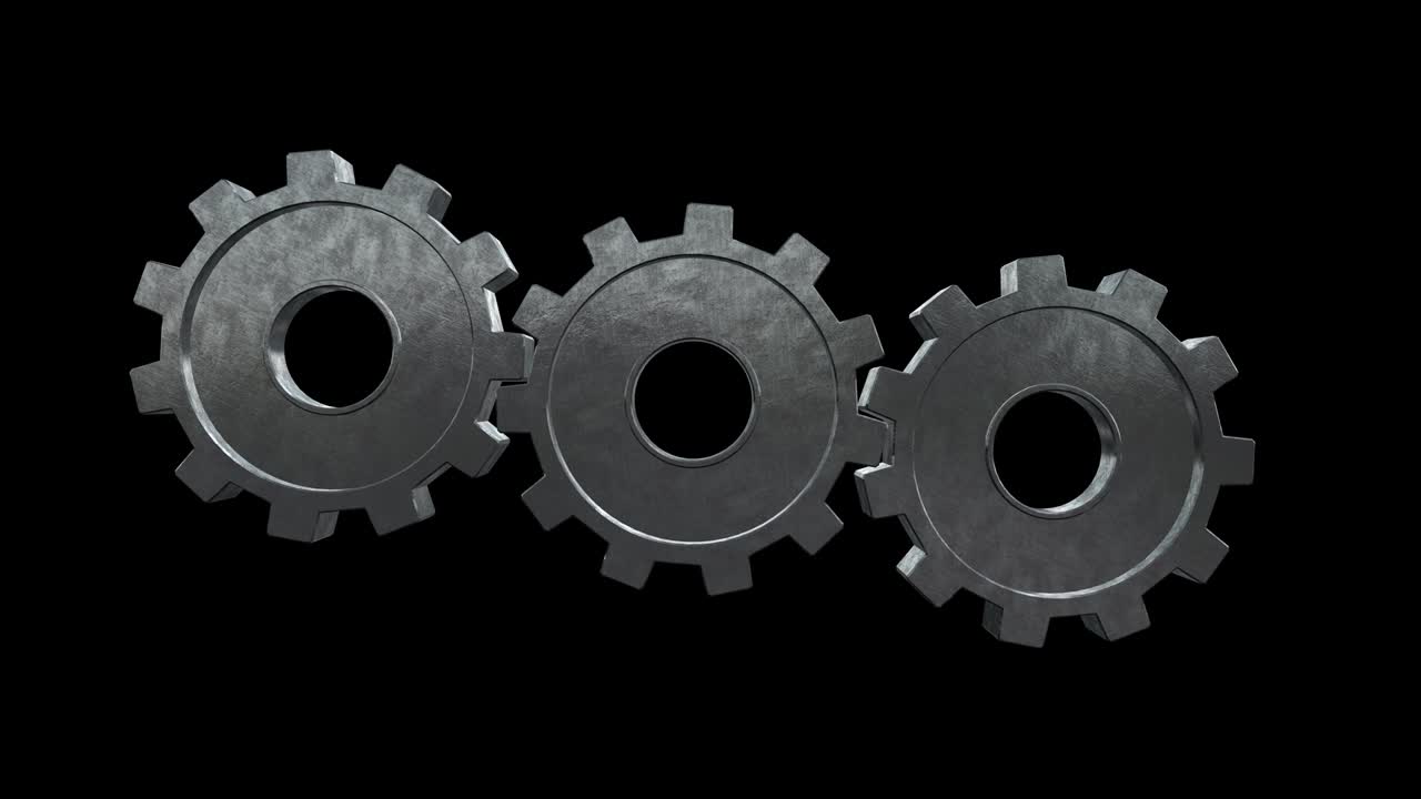 회전하는 금속 기어, 검은 바탕, 알파 채널