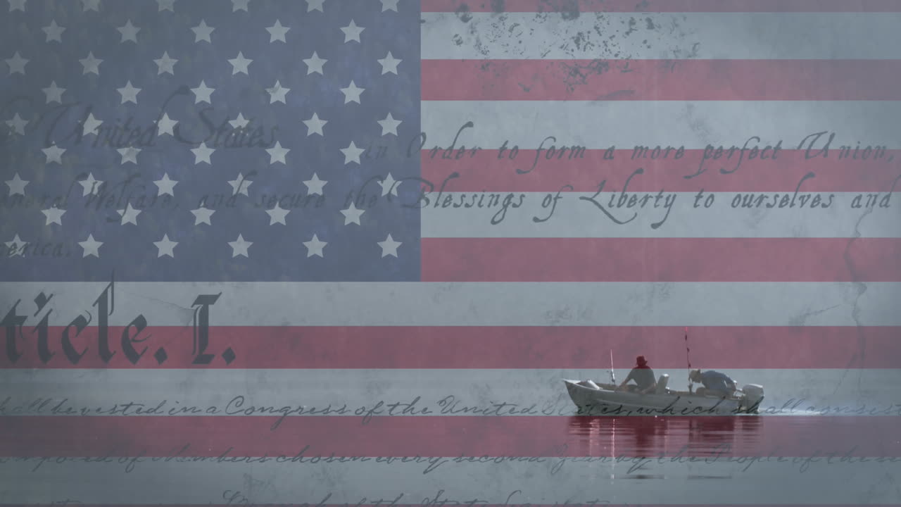Animation of american flag and constitution over man in fishing boat