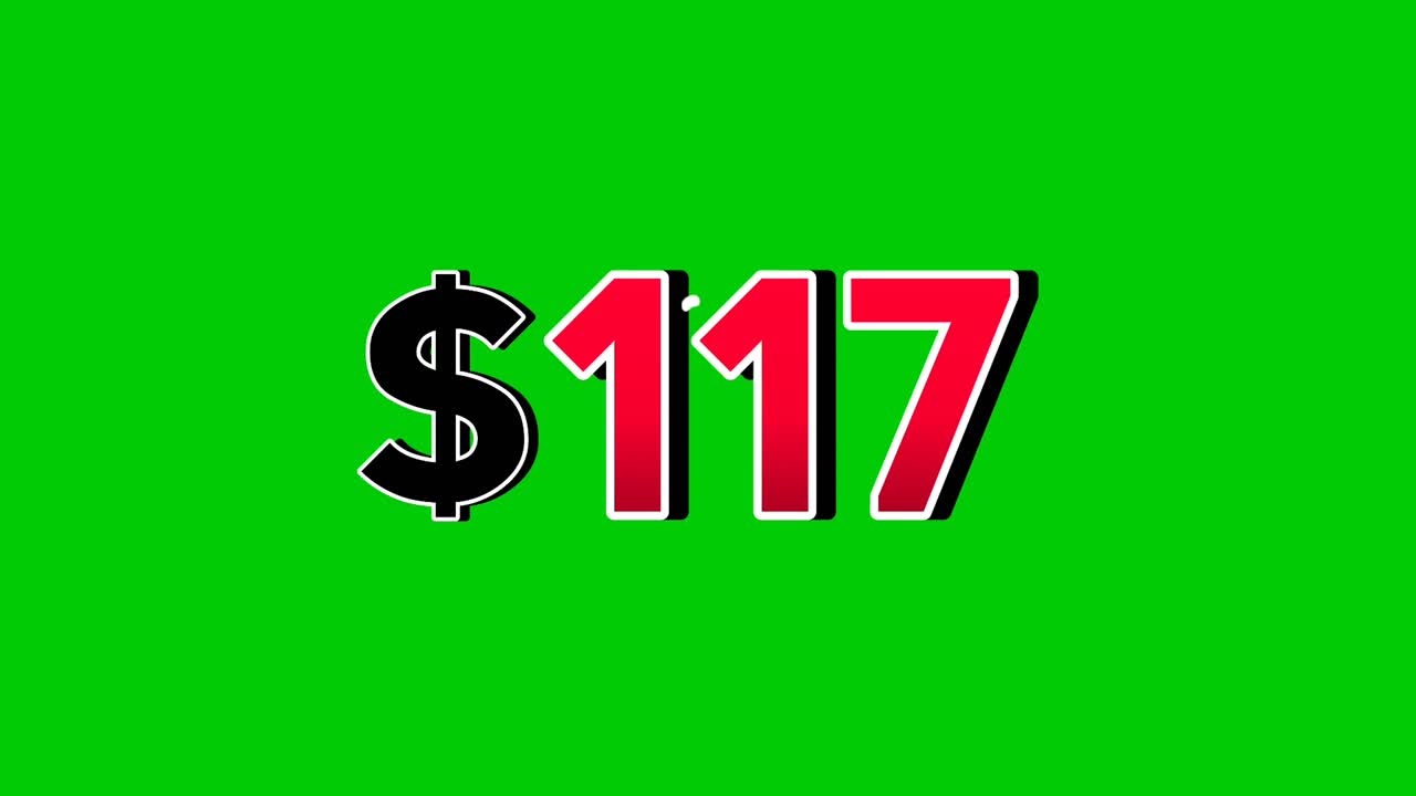 Green screen animation of a "$117 " price in a speech bubble. Perfect for sales, ads, or promo videos. Easy to use and customize in your projects video element