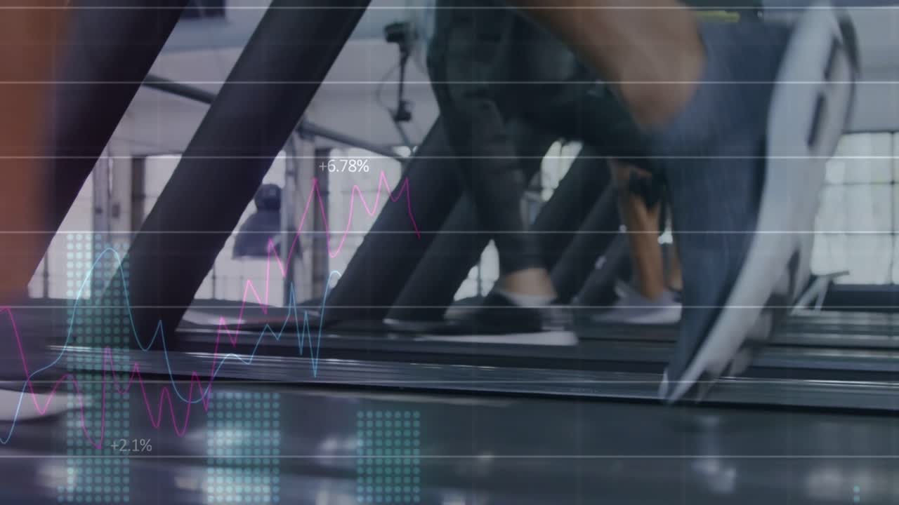 Vertical video: Three runners landing on treadmills and initiating fitness charts tracking cadence