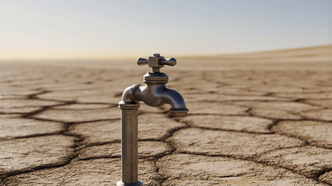 Water Tap in Dry, Cracked Earth: Symbol of Drought and Water Scarcity