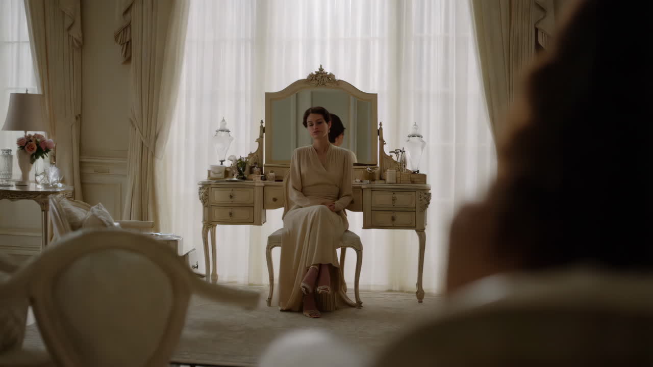 Woman sitting at an elegant vanity table in a luxurious room