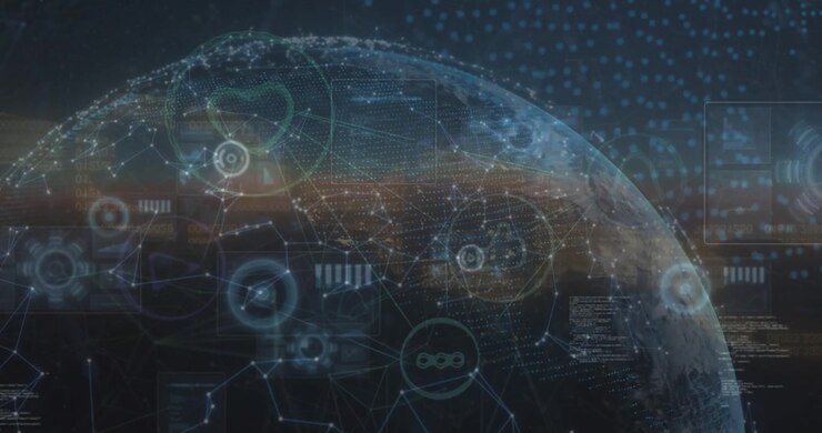 Animation of data processing and network of connections over globe