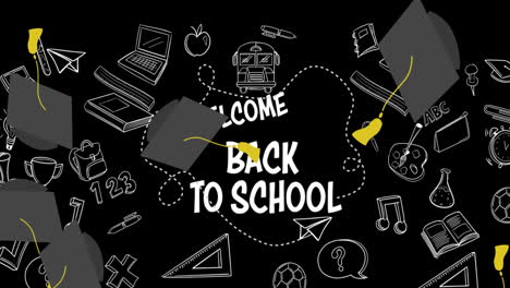 animation of graduation hats falling over back to school sale text banner and school concept icons